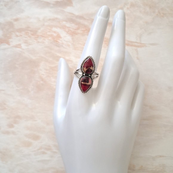 Artisan Jewelry - Artisan Handmade Red Rose Dahlia Turquoise 925 Sterling Silver Ring 8 1/2